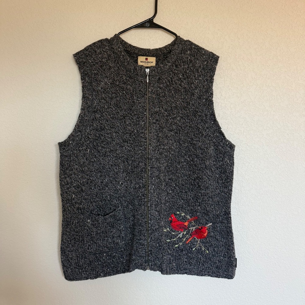 Woolrich Womens XL Black Heather Cardinal Embroidered Zip Front Sweater Vest Vtg